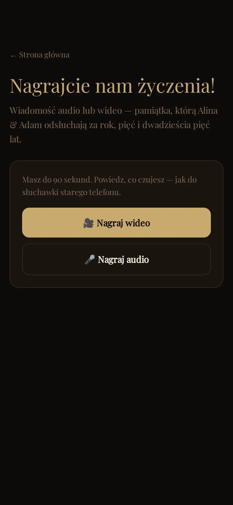 Strona nagrywania życzeń audio i wideo, widok na telefonie