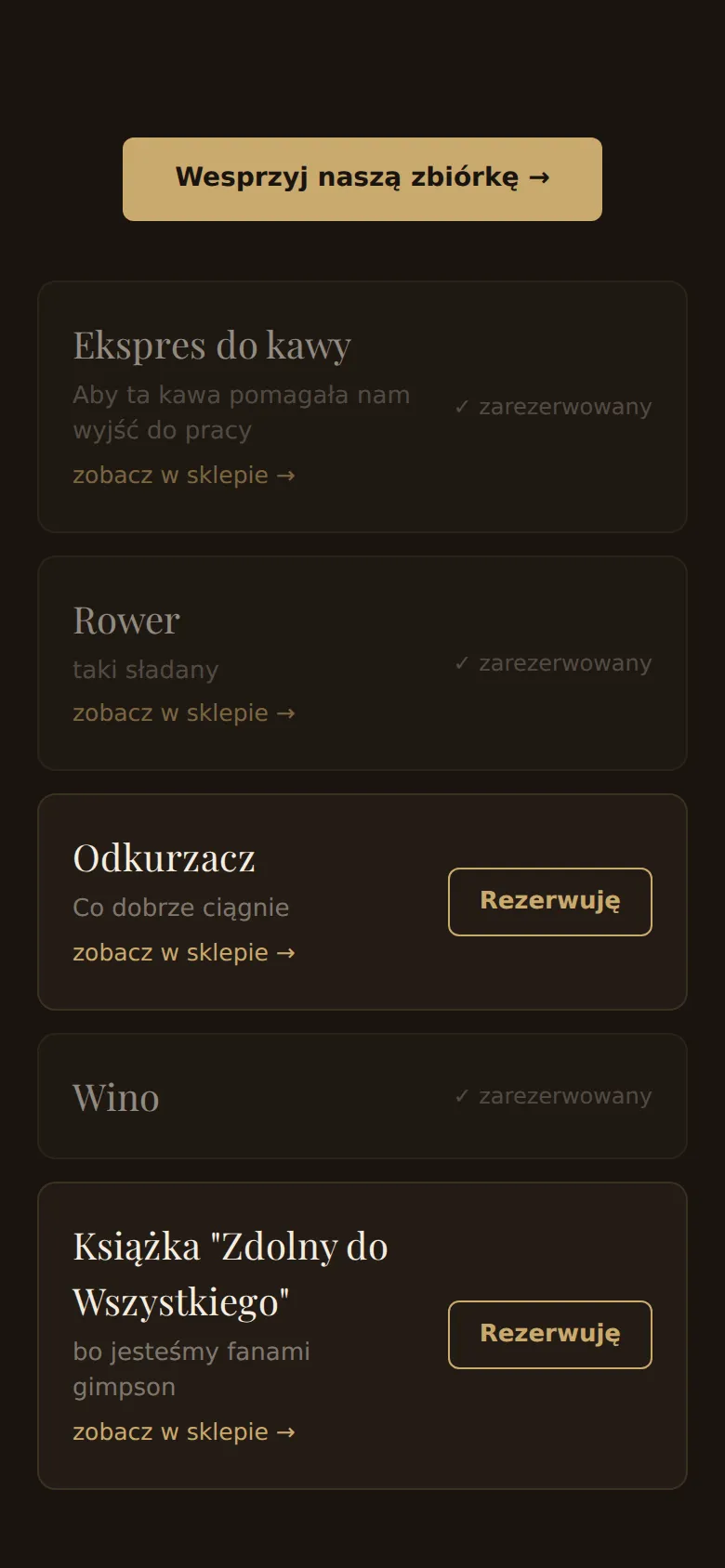 Lista prezentów z zarezerwowanymi pozycjami, widok na telefonie