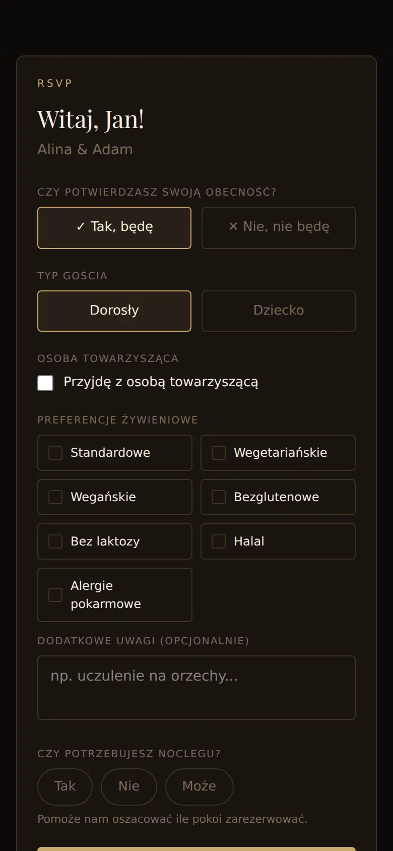 Formularz potwierdzenia obecności na stronie ślubnej, widok na telefonie