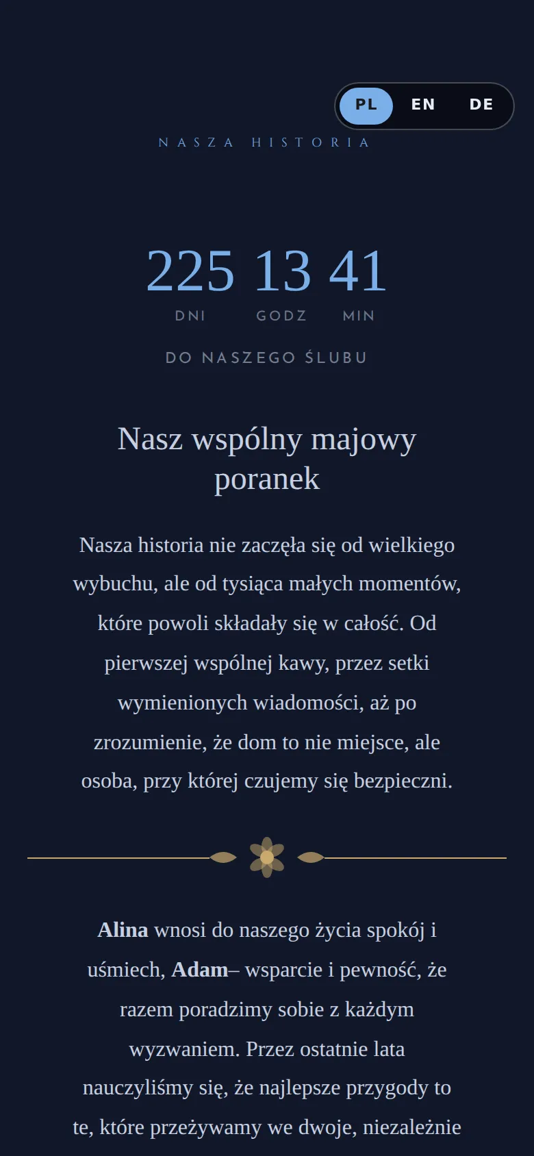 Strona ślubna w szablonie Lazur i Srebro: historia pary i odliczanie do ślubu