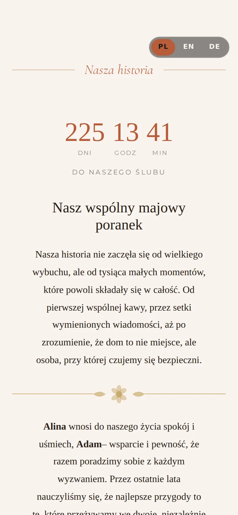 Strona ślubna w szablonie Boho Natura: historia pary i odliczanie do ślubu