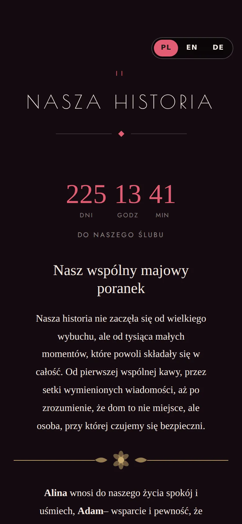 Strona ślubna w szablonie Cherry Art Déco: historia pary i odliczanie do ślubu