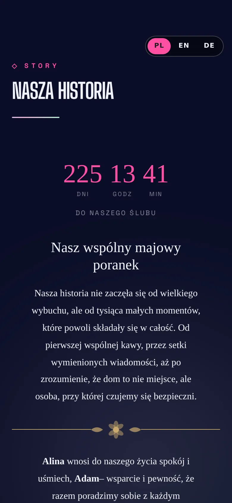 Strona ślubna w szablonie Chrome Y2K: historia pary i odliczanie do ślubu