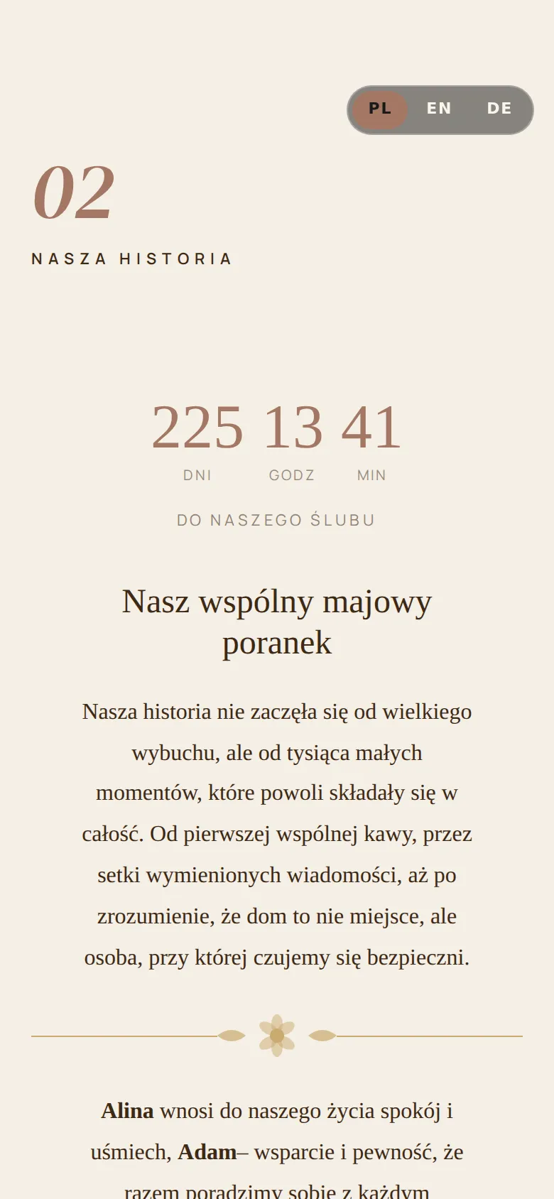 Strona ślubna w szablonie Editorial Mocha: historia pary i odliczanie do ślubu