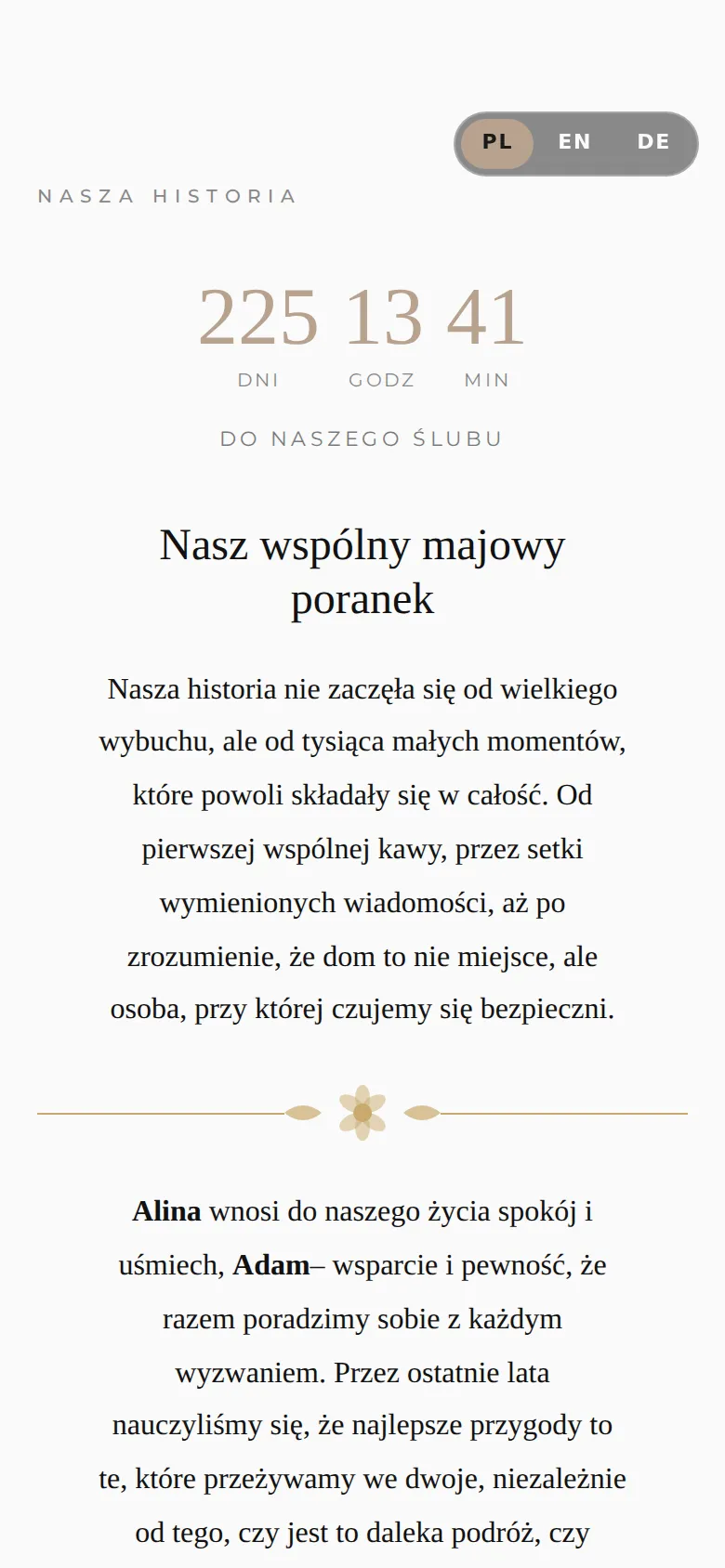 Strona ślubna w szablonie Nowoczesny Minimalizm: historia pary i odliczanie do ślubu