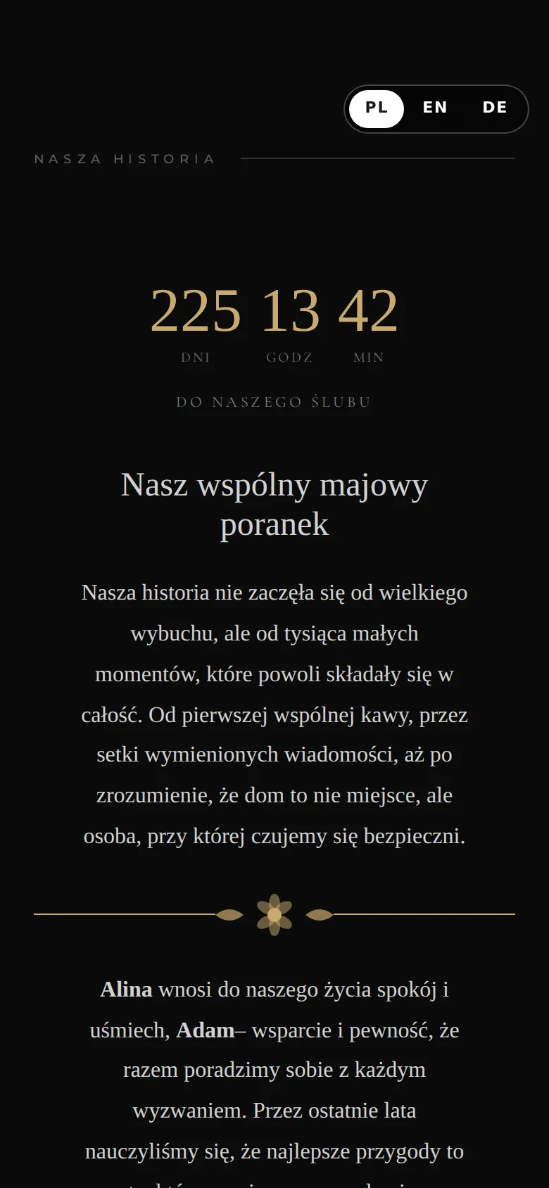 Strona ślubna w szablonie Czarna Elegancja: historia pary i odliczanie do ślubu