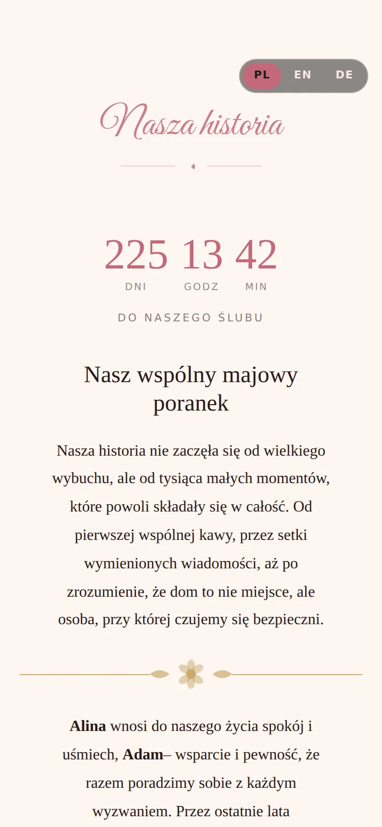 Strona ślubna w szablonie Różowy Romans: historia pary i odliczanie do ślubu