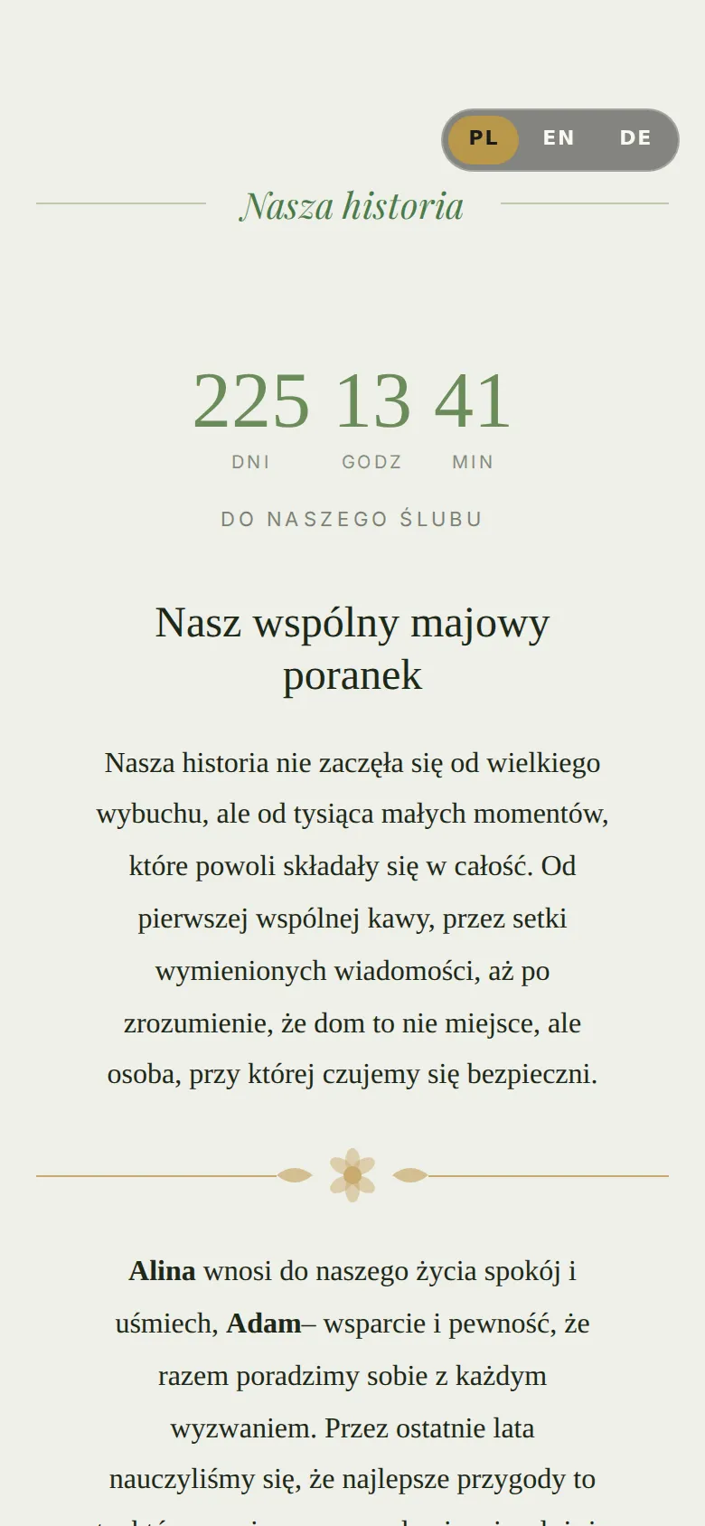 Strona ślubna w szablonie Rustykalny Ogród: historia pary i odliczanie do ślubu