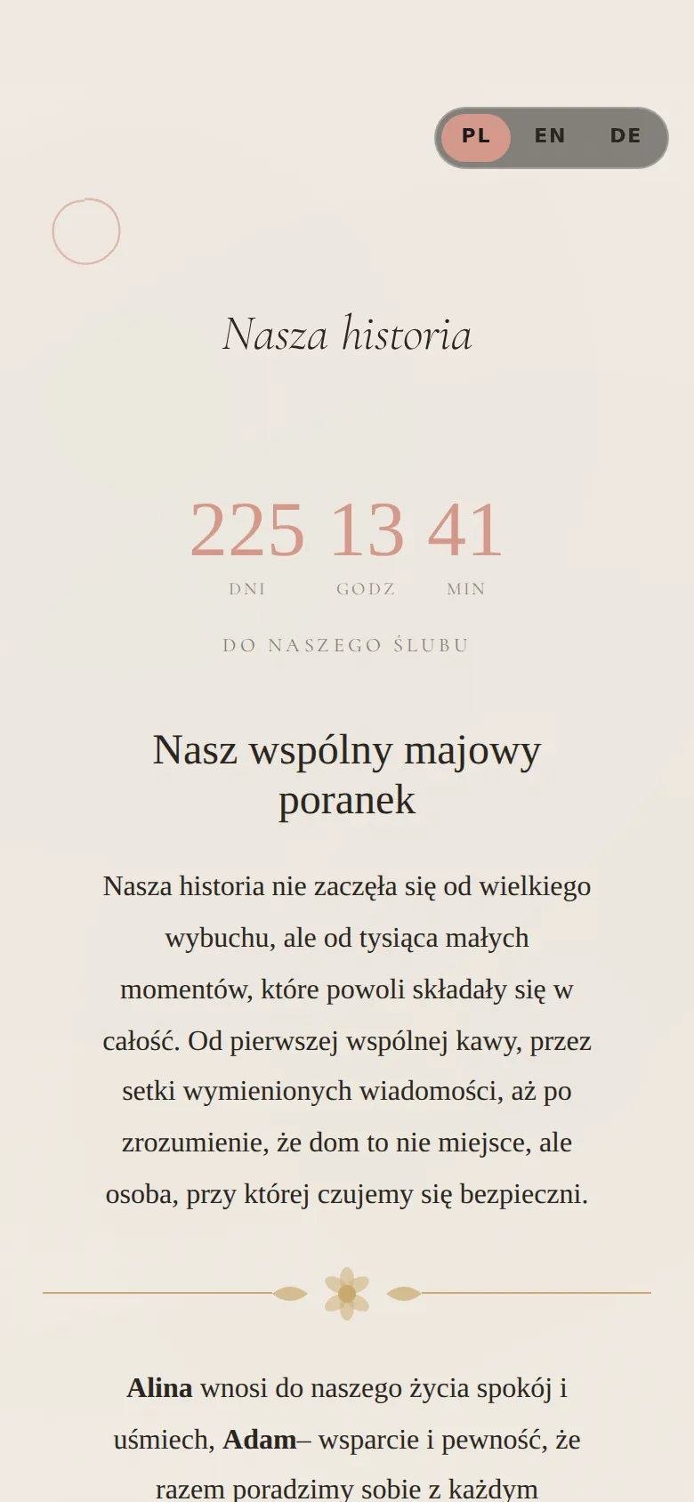 Strona ślubna w szablonie Wabi-Sabi: historia pary i odliczanie do ślubu